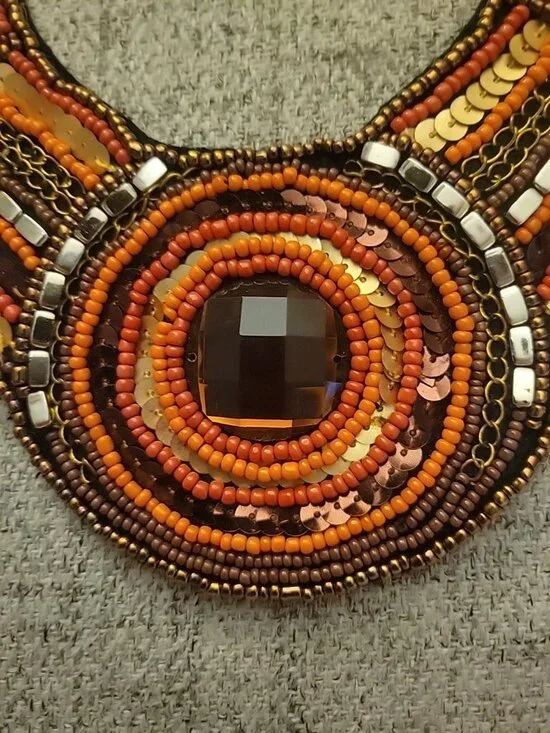 Ethnic Beaded Bib Collar Necklace Seedbeads Chains Sequins Handmade 80s - Picture 3 of 9